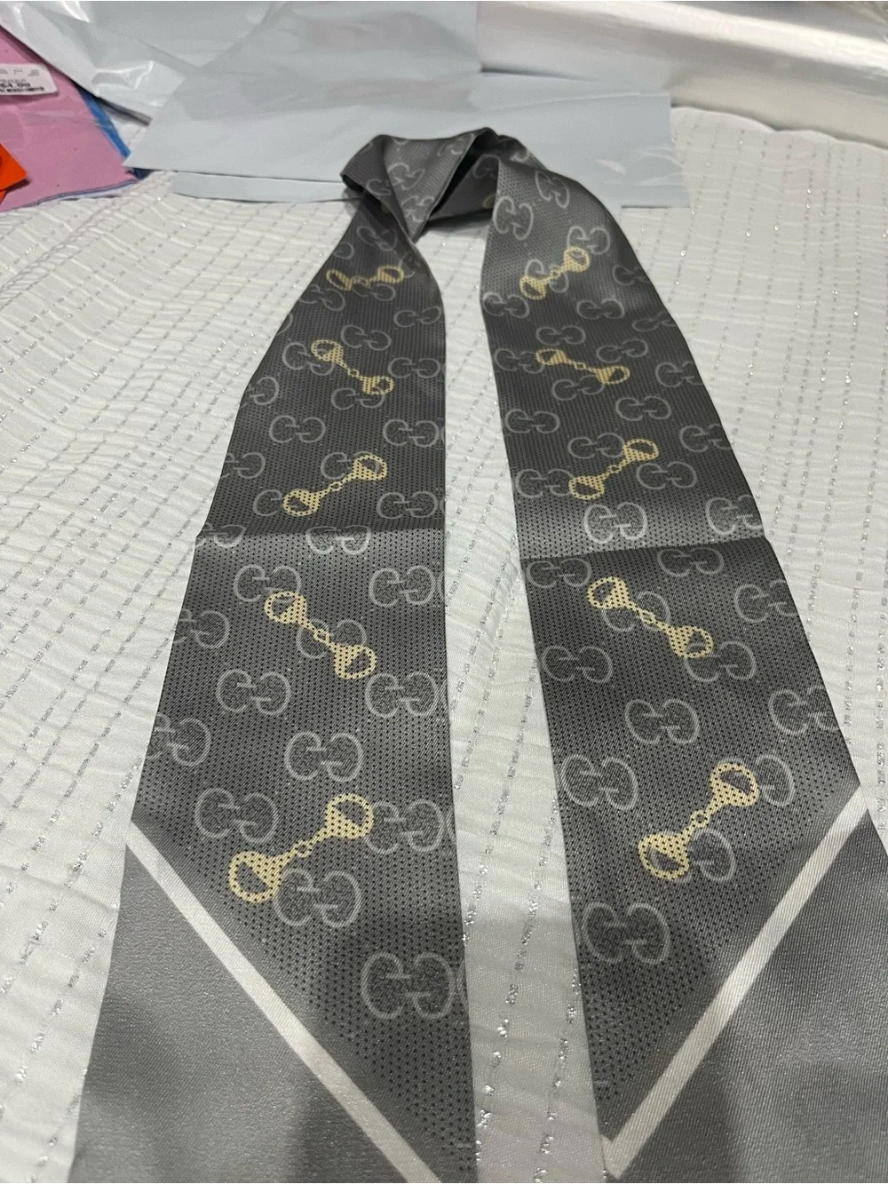 Gray Silk Patterned Men's Scarf Tie - Designer Style